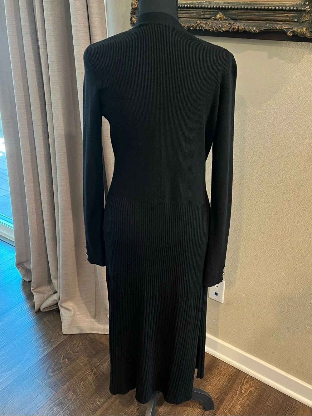 WHBM Black Ribbed Duster Cardigan Subtle Gold Sleeve Buttons, Wool Blend - Picture 2 of 8
